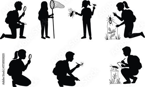 Outdoor science, entomology silhouettes, insect study, magnifying glass, nature exploration, field research, bug catching, scientific curiosity, backpack expedition, observation tools