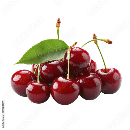 Glossy pile of ripe, red cherries with stems and green leaves