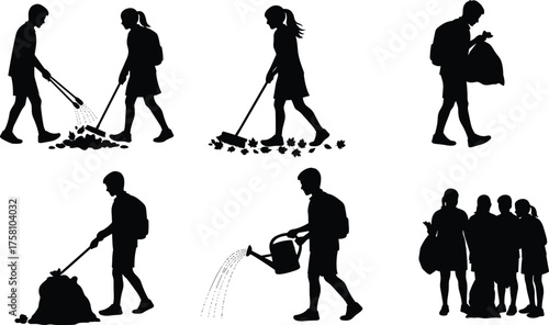 Outdoor cleaning, community gardening, trash pickup, leaf raking, teamwork silhouettes, environmental care, public space maintenance, eco volunteers, sweeping action, plant watering