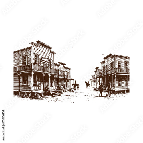 
Traceable Old Western Frontier Town Main Street Line Art