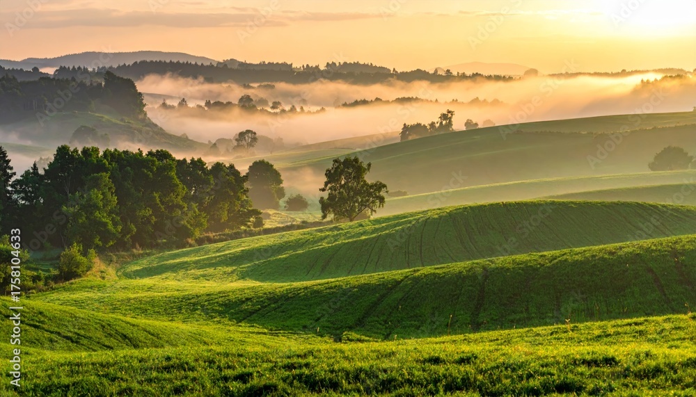 Naklejka premium panorama of a beautiful, ecological farmland at sunrise. Waved, green field, forest and morning fog