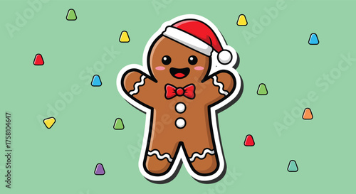 Gingerbread man wearing santa hat smiles happily amidst colorful candy drops on a light green backdrop, radiating festive holiday cheer.