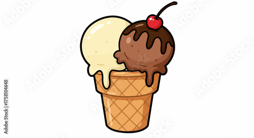 Chocolate and Vanilla Ice Cream with Cherry Illustration