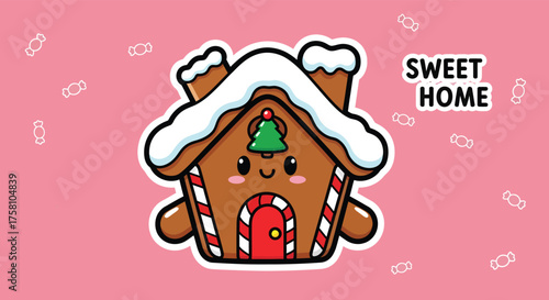 Cute gingerbread house smiles sweetly on pink backdrop with candy, spreading holiday cheer and festive vibes during the Christmas season.