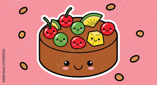 Cute cake smiles sweetly on pink surface surrounded by almonds, creating a cheerful and playful dessert scene.