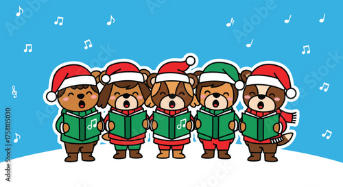 Singing dogs wearing santa hats perform christmas carols in the snow, spreading holiday cheer and festive spirit with their joyful canine chorus.