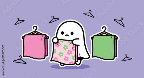 Sad little ghost choosing between colorful towels in a spooky closet, feeling indecisive and a bit overwhelmed by the choices.