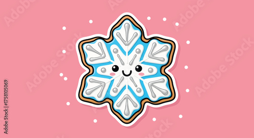 Cute snowflake cookie smiles on pink surface surrounded by snow, conveying a cheerful and festive winter mood.