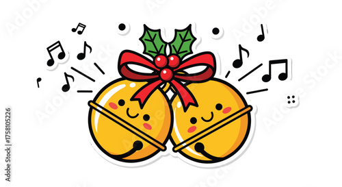 Two cute golden jingle bells ringing with holly and red bow, spreading holiday cheer and festive atmosphere during christmas season.