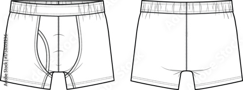 Men boxer briefs flat sketch, underwear technical drawing, elastic waistband design, contoured pouch detail, fly opening, back seam construction, apparel template, clothing vector illustration