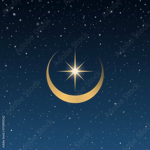 Golden crescent moon and shining star against a deep blue starry night sky