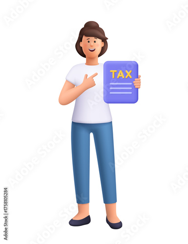 Young smiling woman Jane holding and pointing at tax document. Finance, business, accounting and taxation concept. 3d vector people character. Cartoon minimal style.
