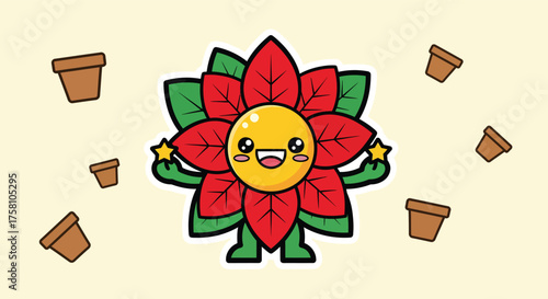 Cute poinsettia character smiles amidst floating flower pots on light beige background, creating whimsical and cheerful holiday scene.