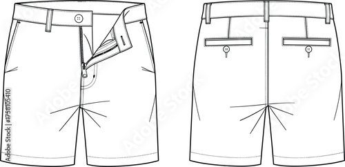 Men shorts technical flat sketch, front and back view, waistband belt loops zipper fly button closure pockets darts apparel fashion design illustration
