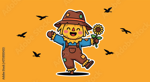Happy scarecrow holds sunflower in autumn field surrounded by birds, celebrating harvest season with cheerful and whimsical charm.