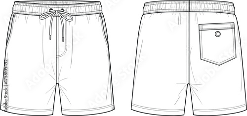 Men’s shorts flat sketch, elastic waistband drawstring design, fashion technical drawing, side pockets detail, back flap pocket, apparel template, clothing vector illustration