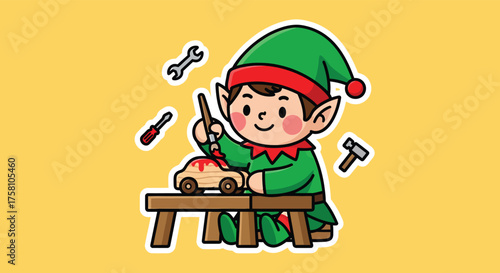 Smiling christmas elf crafting wooden toy car at workbench in workshop, surrounded by tools, spreading holiday cheer.