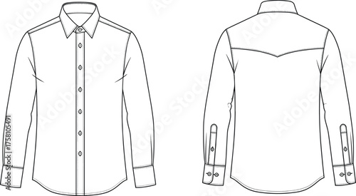 Men’s shirt flat sketch, long sleeve button up design, fashion technical drawing, western yoke detail, apparel template, clothing vector illustration