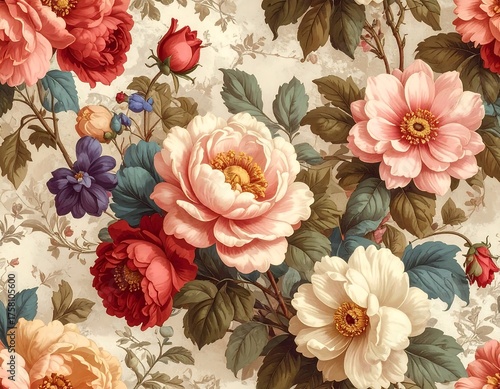 Ornate floral pattern with vibrant roses and peonies