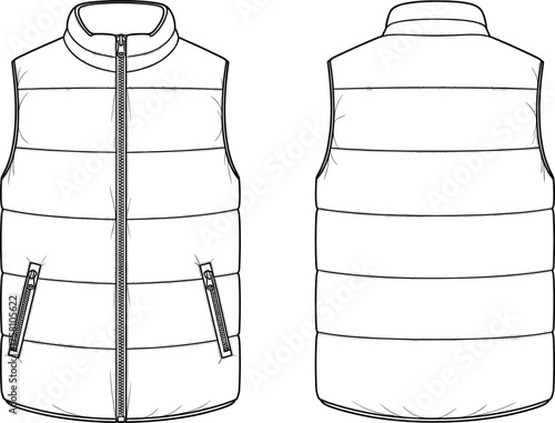 Puffer vest flat sketch, sleeveless quilted jacket design, fashion technical drawing, high collar zipper closure, apparel template, clothing vector illustration