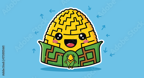 Happy corn cob character smiling cheerfully on a light blue backdrop with small arrow doodles suggesting freshness and natural goodness.