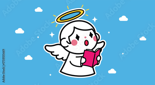 Cute angel singing from a pink book on a blue sky with clouds and stars, spreading joy and peace during the holiday season.