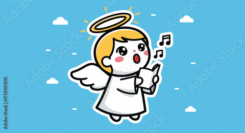 Cute angel singing a song from a book with musical notes floating around in a blue sky, conveying a peaceful and heavenly atmosphere.