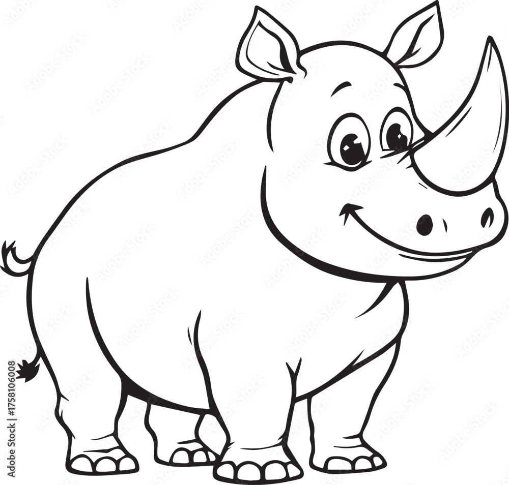 Fototapeta premium Black and white cartoon rhinoceros illustration with friendly smile and large horn in playful animal line art