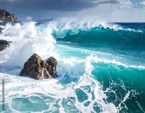 Powerful ocean waves crashing against rocky shoreline under a cloudy sky