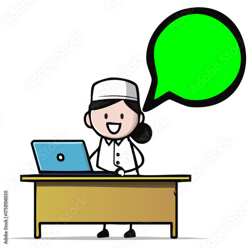 young woman with Laptop and Green Speech Bubble – Online Chat Vector