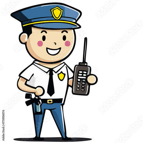 A cartoon image of a cheerful law enforcement officer holding a walkie-talkie