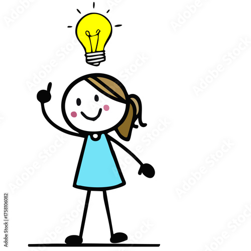 A cartoon girl has an idea with an illuminated lightbulb above her head 