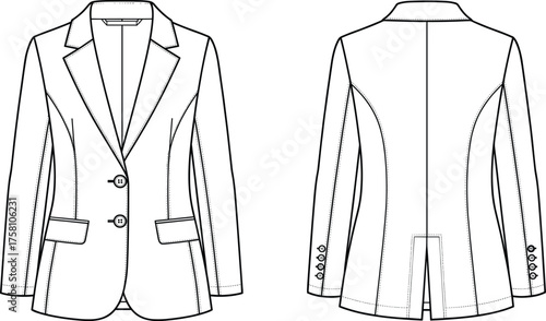 Women blazer technical flat sketch, front and back view, notched lapel collar, flap pockets button closure princess seams vent apparel design illustration