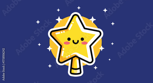 Cute star character smiles cheerfully against a dark blue sky with twinkling stars, radiating a sense of magic and childlike wonder.