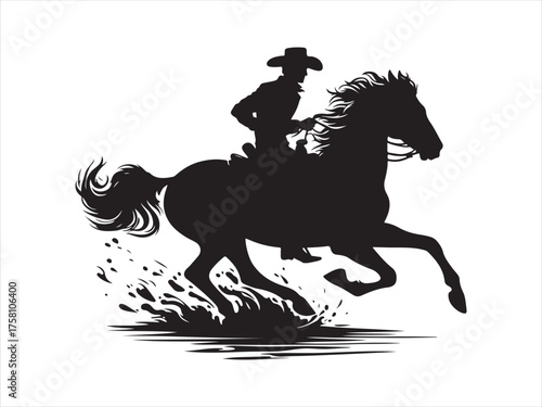 Cowboy riding galloping horse black silhouette . Dynamic action on white background. Cowboy wearing hat rides horse at sunset. Strong silhouette of man horse. Western lifestyle design 