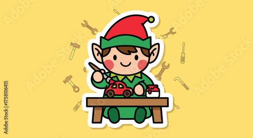 Happy christmas elf painting a toy car at his workbench in santa's workshop, spreading holiday cheer and festive spirit.