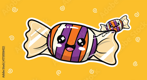 Cute candy smiles sweetly on a bright orange surface, wrapped in white paper with purple and orange stripes, creating a playful and cheerful mood.