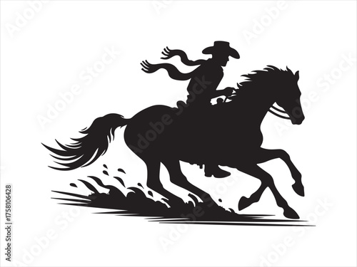 Cowboy riding galloping horse black silhouette . Dynamic action on white background. Cowboy wearing hat rides horse at sunset. Strong silhouette of man horse. Western lifestyle design 