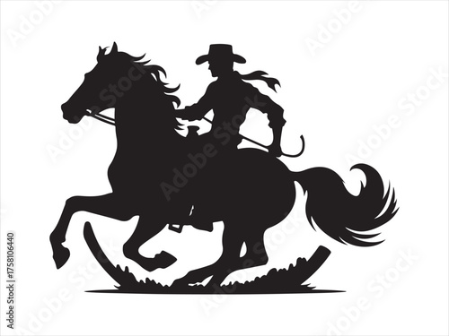 Cowboy riding galloping horse black silhouette . Dynamic action on white background. Cowboy wearing hat rides horse at sunset. Strong silhouette of man horse. Western lifestyle design 