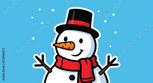 Smiling snowman wearing a red scarf stands against a blue snowy backdrop, radiating winter cheer and holiday spirit.