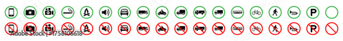 Set of vector icons showing allowed and prohibited activities. Green circles indicate permission and red circles with slashes show restriction. Ideal for safety signs, public spaces, and regulations.