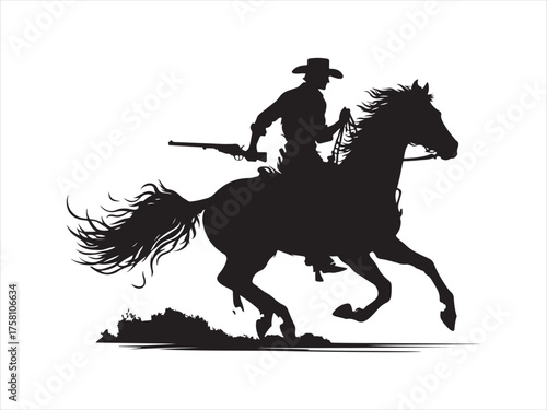 Cowboy riding galloping horse black silhouette . Dynamic action on white background. Cowboy wearing hat rides horse at sunset. Strong silhouette of man horse. Western lifestyle design 