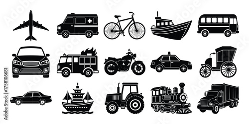 Collection of diverse black and white silhouette icons representing various modes of transportation