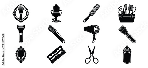 Collection of classic barber shop tools and equipment in a clean illustrative style