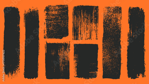 Rough stencil paint textures with dry ink surfaces. Grunge brush marks, abstract backgrounds in vivid orange.