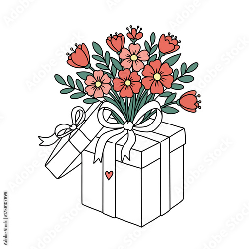 A beautiful bouquet of flowers emerges from an open gift box tied with a ribbon.