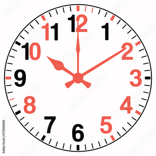 A classic analog wall clock design featuring a clear display of ten minutes past nine with bold red hands and numerals on a clean background