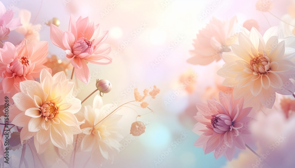 Naklejka premium Dreamy Floral Scene with Pastel Background and Light Effects