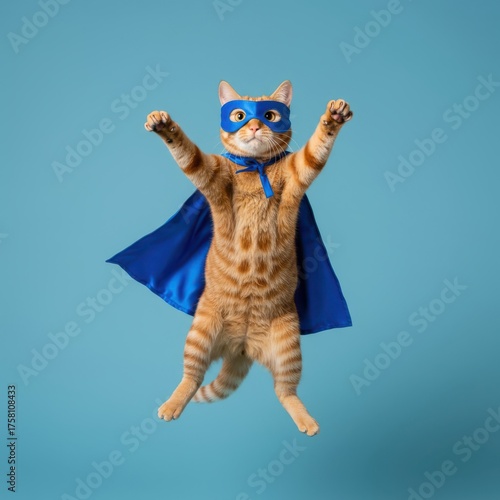 A charming ginger tabby cat, adorned in a blue superhero cape and mask, leaps with paws raised against a bright blue backdrop, embodying playful feline heroism and joy
