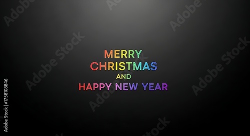 Merry Christmas and Happy New Year rainbow text on dark background